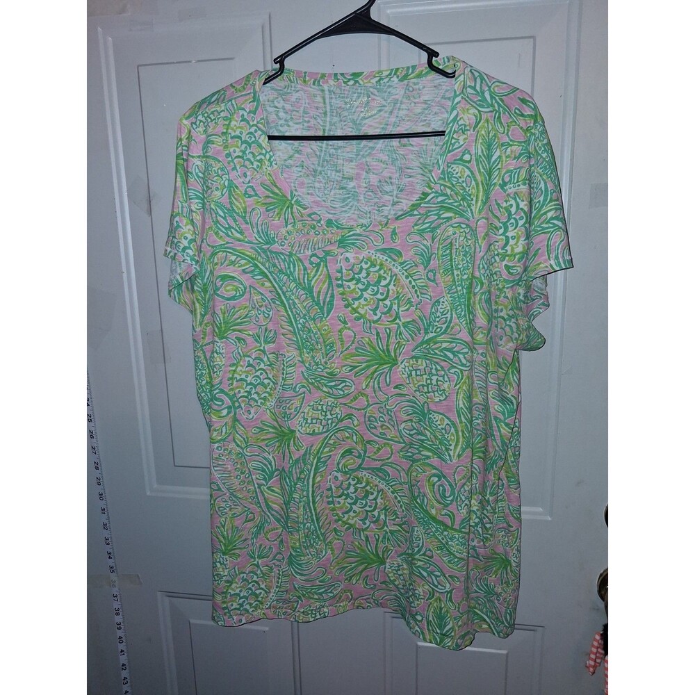 Lilly Pulitzer Etta Scoop Neck Top XL Pink Green Pineapple Slub Tee VGUC